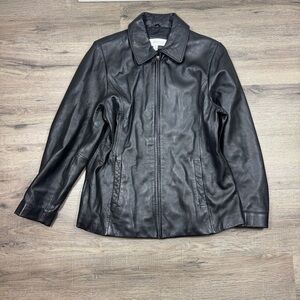 Liz Claiborne Leather Jacket Black Large Vintage Moto Zip Up Pockets Y2K 90s